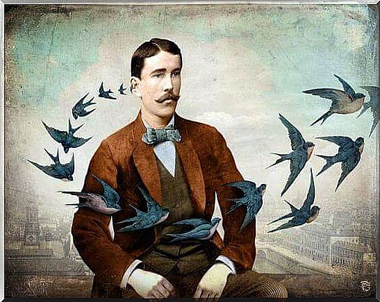 man with birds flying in front of him