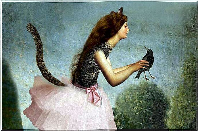 Girl with cat's tail holding bird.