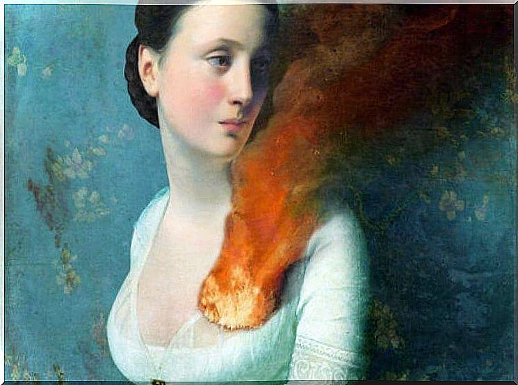 woman with a burning heart