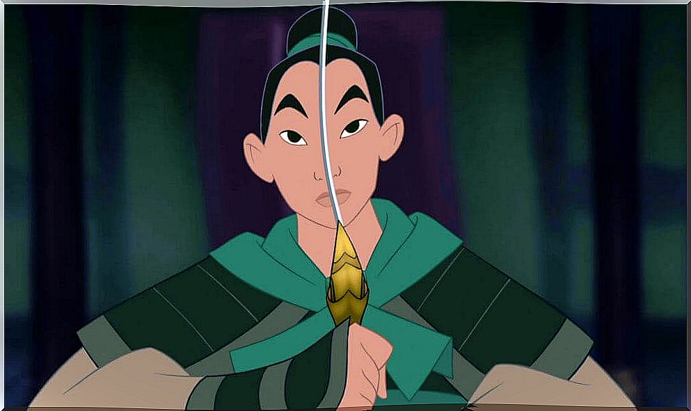 Mulan with sword in front of face