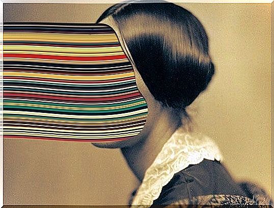 Woman with colored stripes face